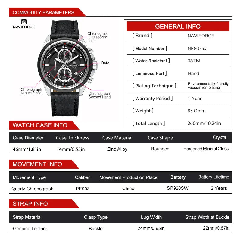 NAVIFORCE Watch 8075 Quartz Fashion Male Leather.