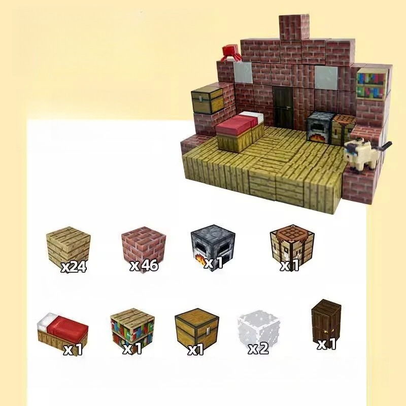 PIXEL CUBE Magnetic- [Red Brick Cabin] 80pcs+3dolls