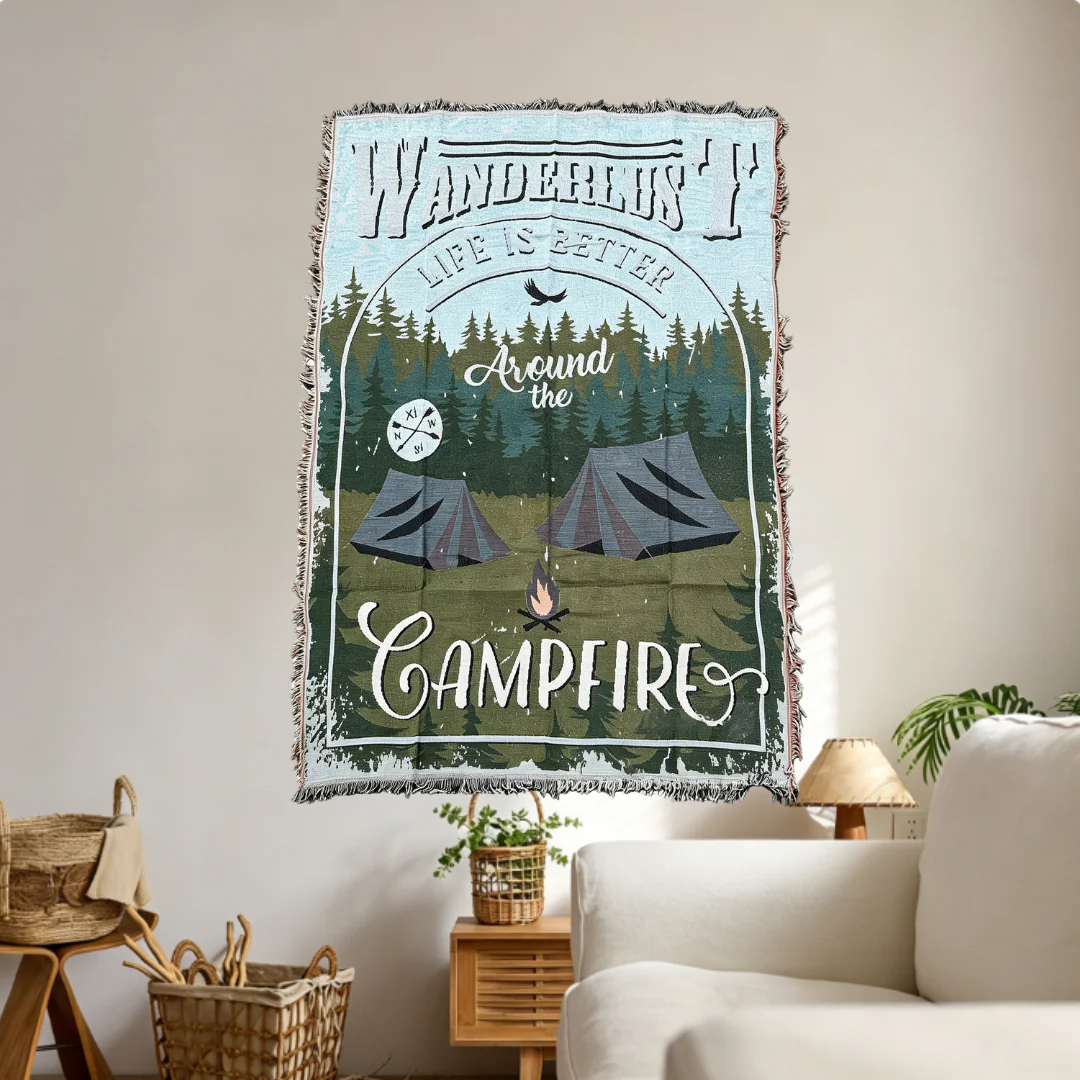Home Decor Tapestry-Forest Tent Campfire Woven Blanket