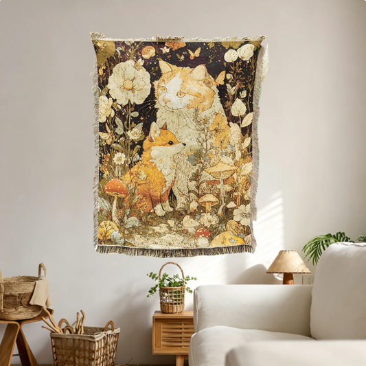 Home Decor Tapestry-Enchanted Cat Fox Floral Throw