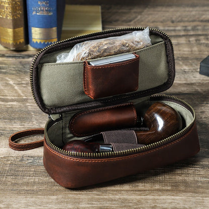 Cowhide zipper portable pipe bag (18.5 * 8.5 * 5.5cm)
