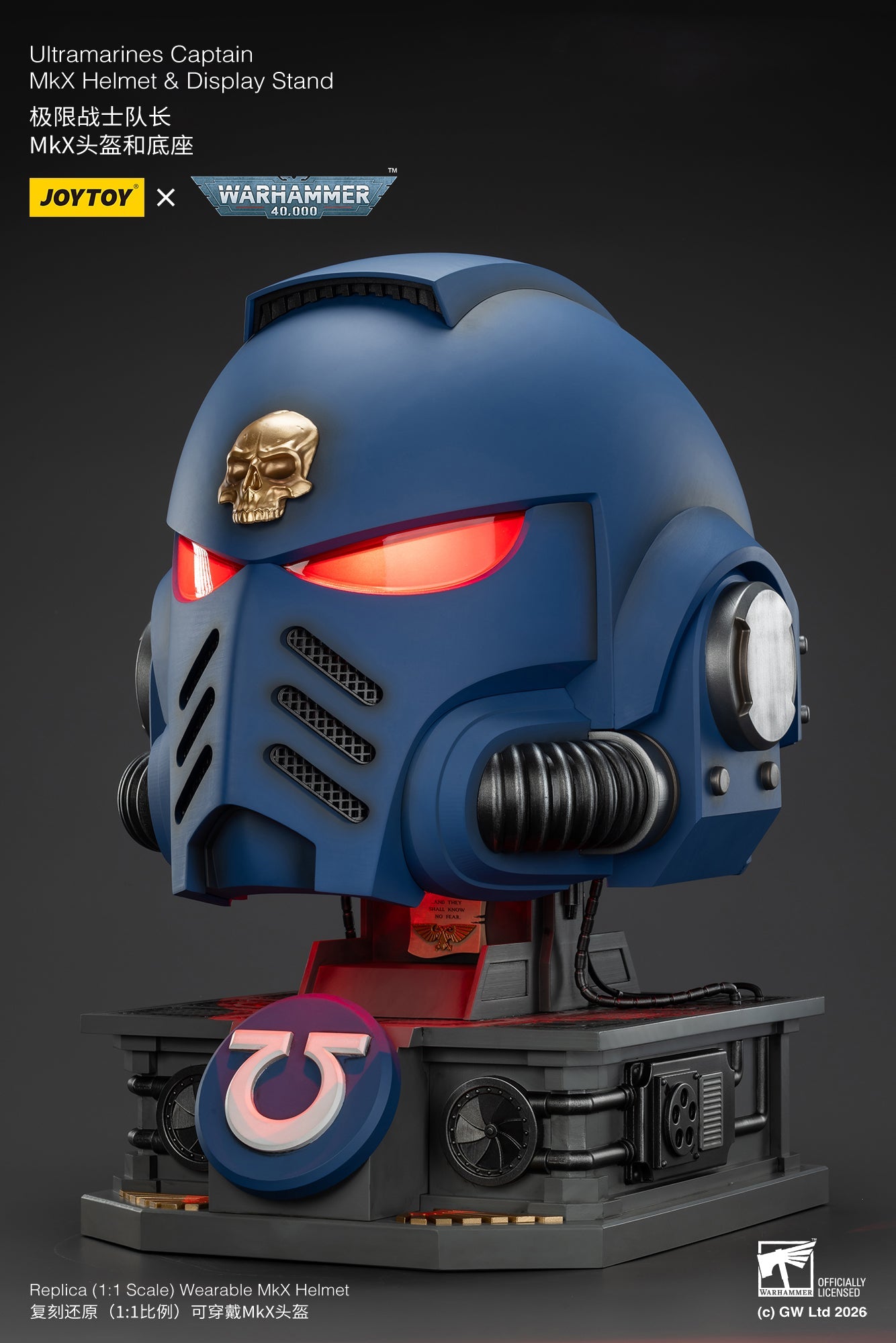 Ultramarines Captain MkX Helmet & Display Stand- Warhammer 40k 1/1 Action Figure By JOYTOY