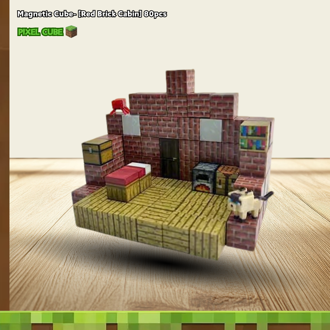 PIXEL CUBE Magnetic- [Red Brick Cabin] 80pcs+3dolls