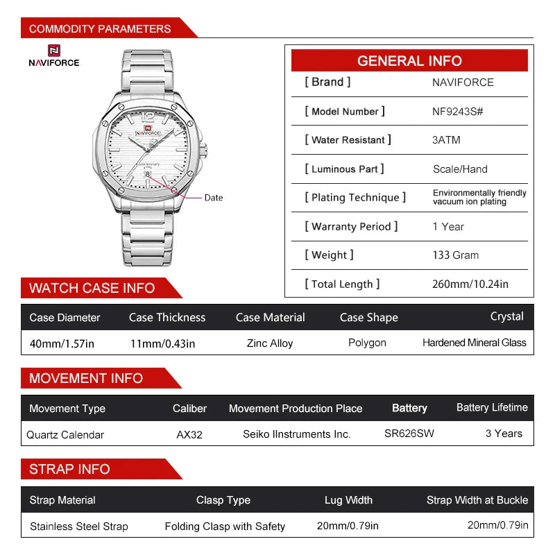 NAVIFORCE Watch 9243s Quartz Watch Clock for Men's Gift.