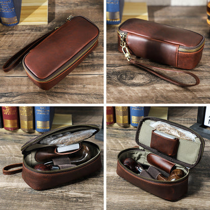Cowhide zipper portable pipe bag (18.5 * 8.5 * 5.5cm)