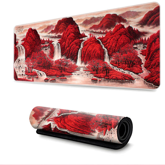 Chinese Style Desk Mat-Red Mountain Waterfall
