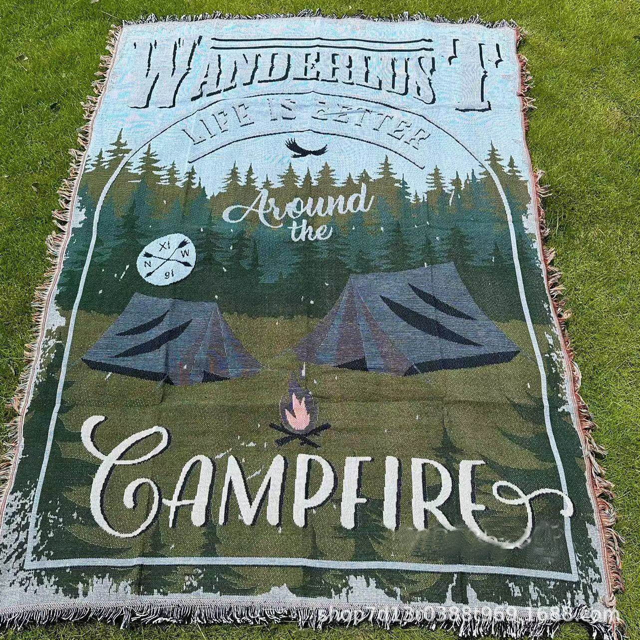 Home Decor Tapestry-Forest Tent Campfire Woven Blanket
