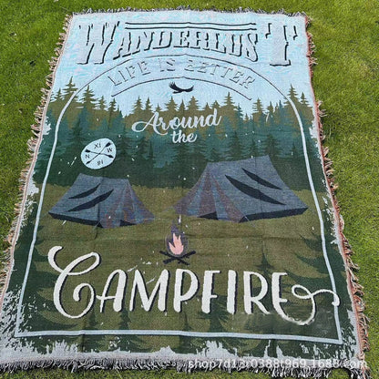 Home Decor Tapestry-Forest Tent Campfire Woven Blanket