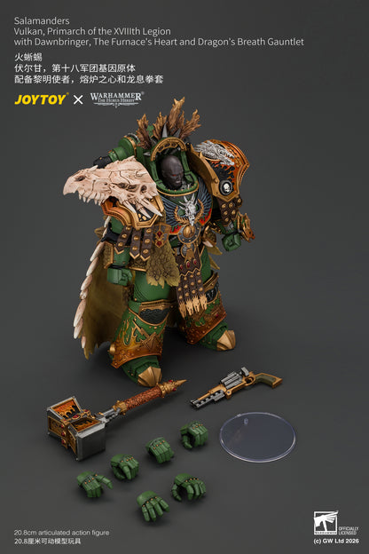 Salamanders Vulkan, Primarch of the XVlllth Legion with Dawnbringer, The Furnace's Heart and Dragon's Breath Gauntlet - Warhammer 30k 1/18 Action Figure By JOYTOY