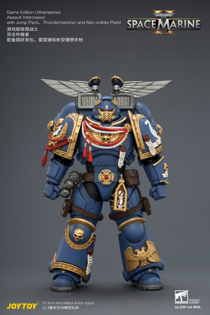 Game Edition Ultramarines Assault Intercessor  with Jump Pack, Thunderhammer and Neo-volkite Pistol Primarch-Warhammer 40k 1/18 Action Figure By JOYTOY