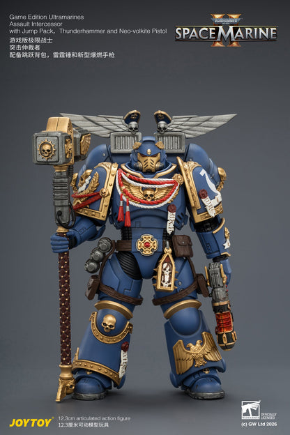 Game Edition Ultramarines Assault Intercessor  with Jump Pack, Thunderhammer and Neo-volkite Pistol Primarch-Warhammer 40k 1/18 Action Figure By JOYTOY