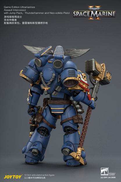 Game Edition Ultramarines Assault Intercessor  with Jump Pack, Thunderhammer and Neo-volkite Pistol Primarch-Warhammer 40k 1/18 Action Figure By JOYTOY