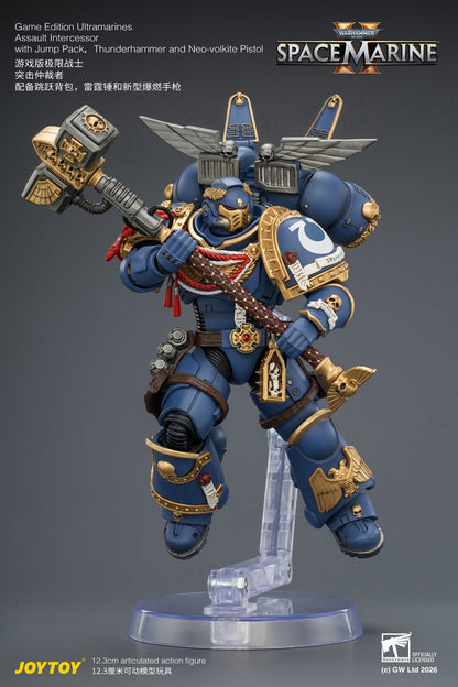Game Edition Ultramarines Assault Intercessor  with Jump Pack, Thunderhammer and Neo-volkite Pistol Primarch-Warhammer 40k 1/18 Action Figure By JOYTOY