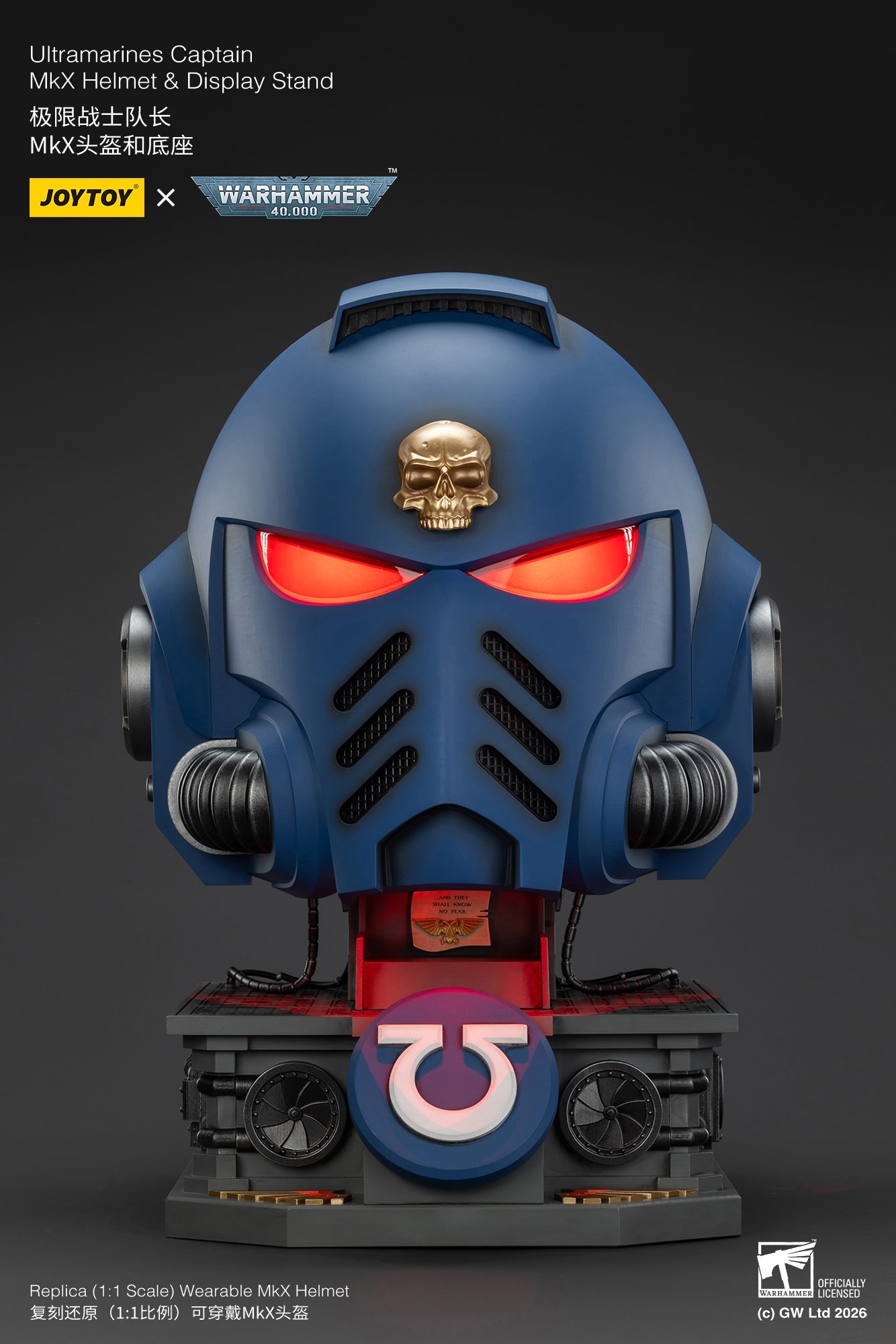 Ultramarines Captain MkX Helmet & Display Stand- Warhammer 40k 1/1 Action Figure By JOYTOY
