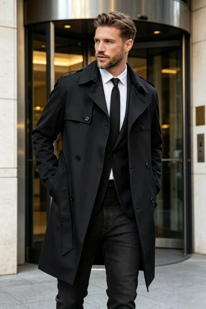 Double Breasted  Black Coat -Black