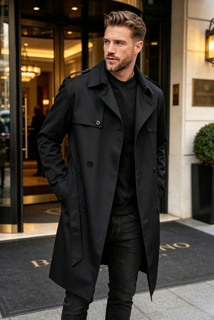 Double Breasted  Black Coat -Black